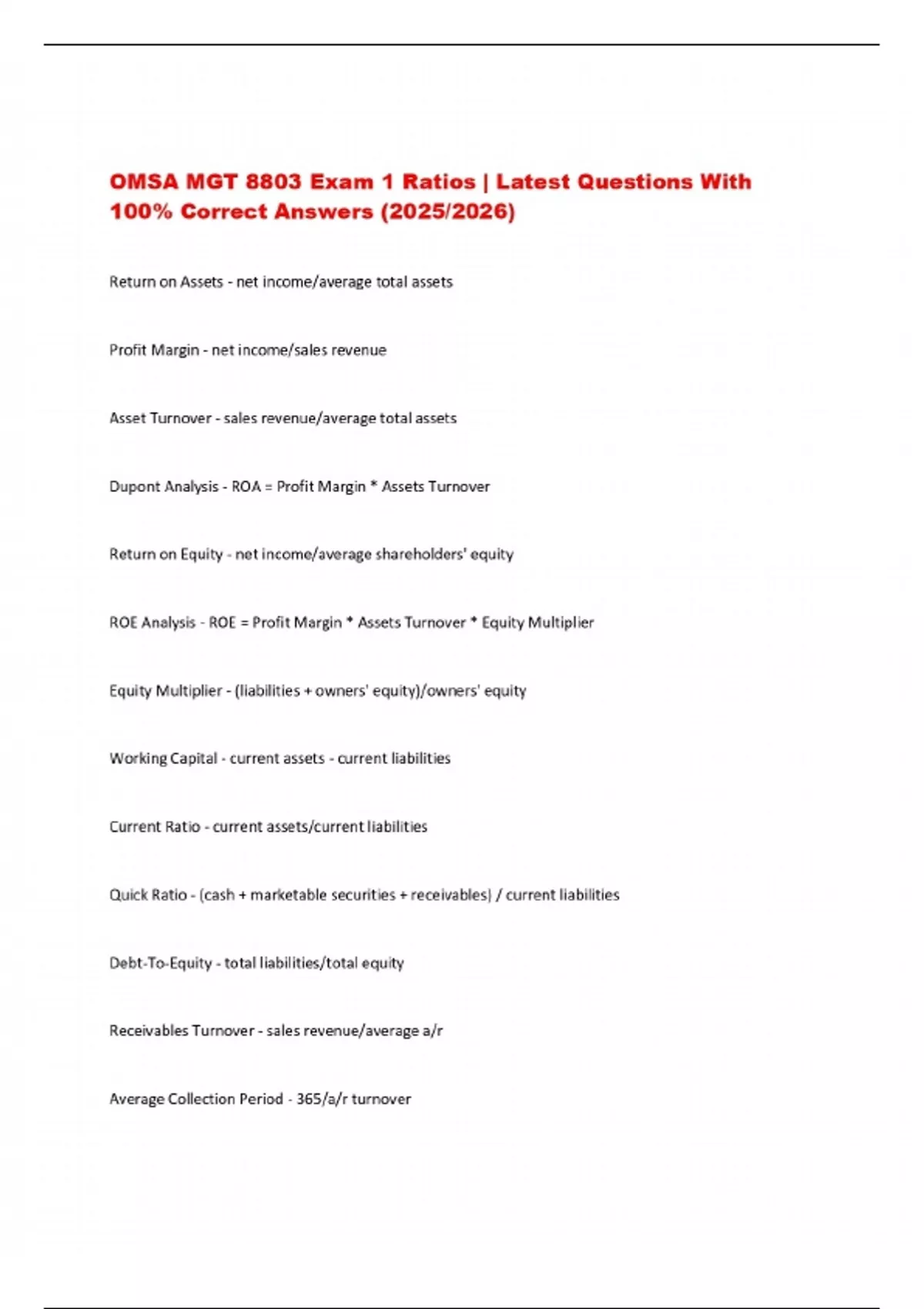 OMSA MGT 8803 Exam 1 Ratios | Latest Questions With 100% Correct ...
