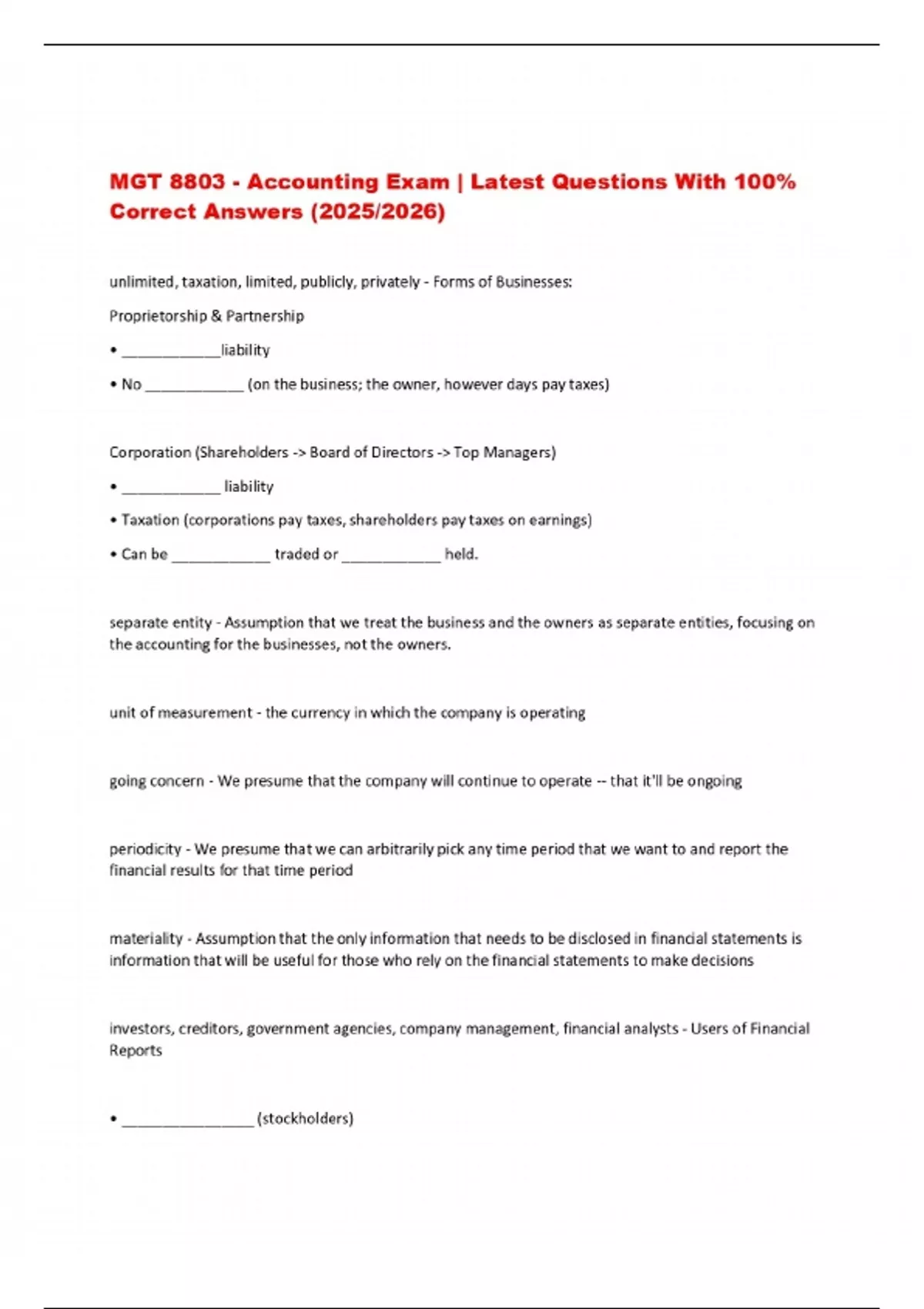 MGT 8803 - Accounting Exam | Latest Questions With 100% Correct Answers ...