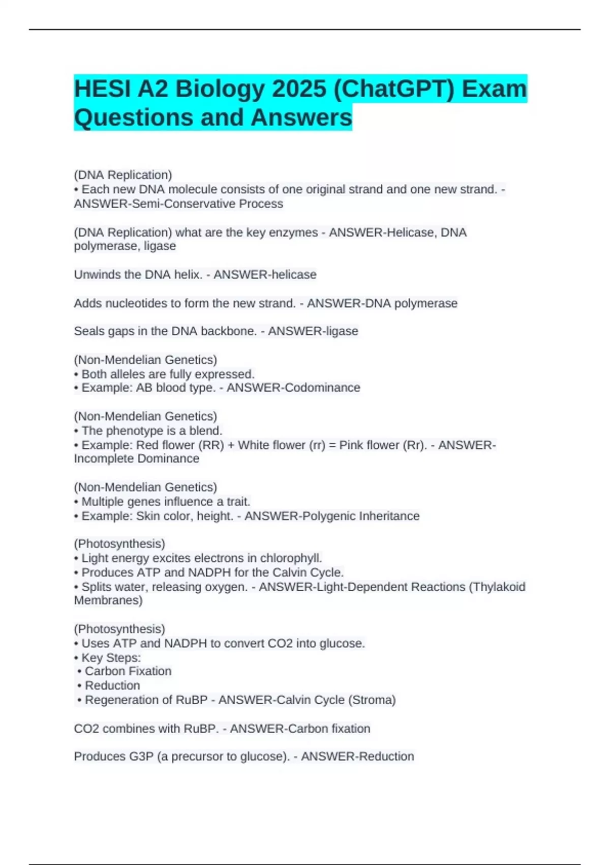 HESI A2 Biology 2025 (ChatGPT) Exam Questions and Answers - HESI ...