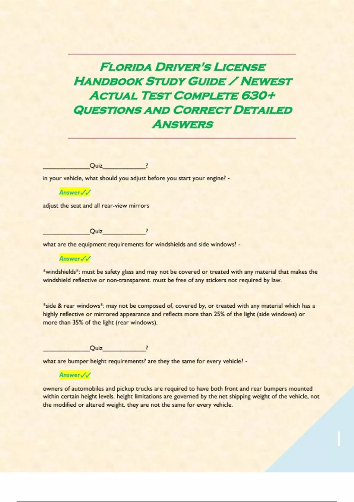 Florida Driver's License Handbook Study Guide / Newest Actual Test ...