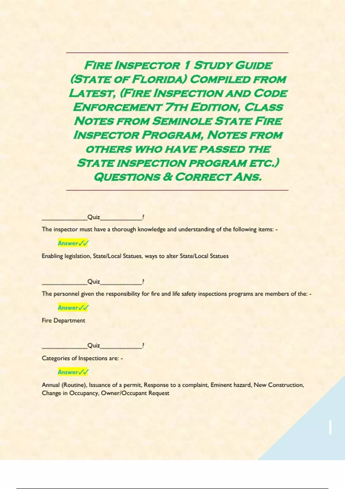 Fire Inspector 1 Study Guide (State of Florida) Compiled from Latest ...