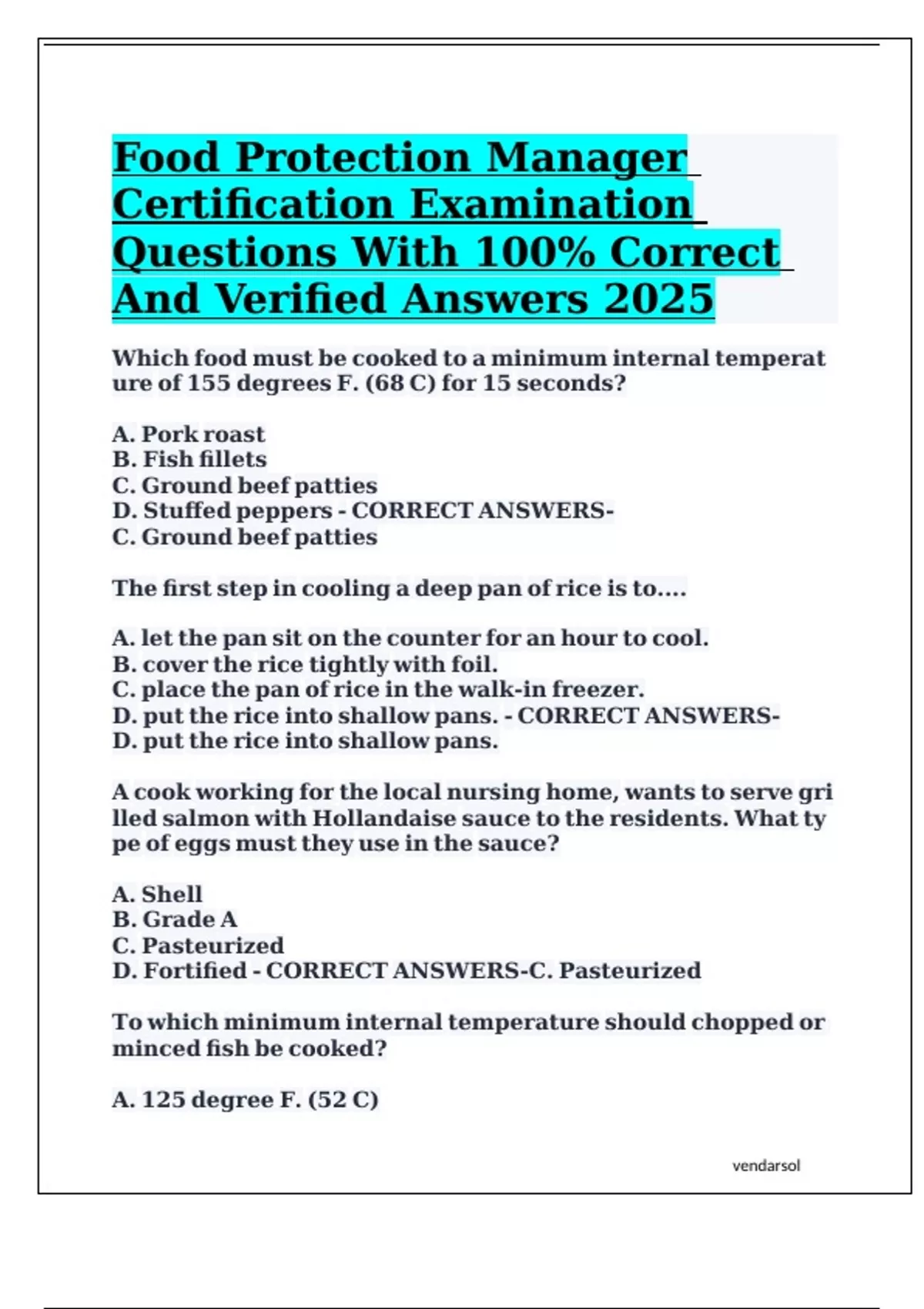 Food Protection Manager Certification Examination Questions With 100% ...