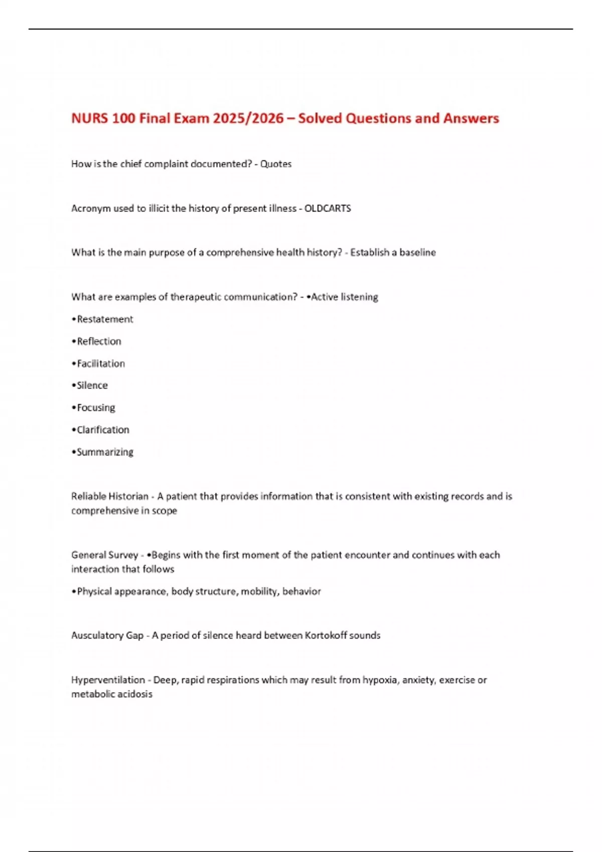 NURS 100 Final Exam 2025/2026 – Solved Questions and Answers - NURS 100 ...