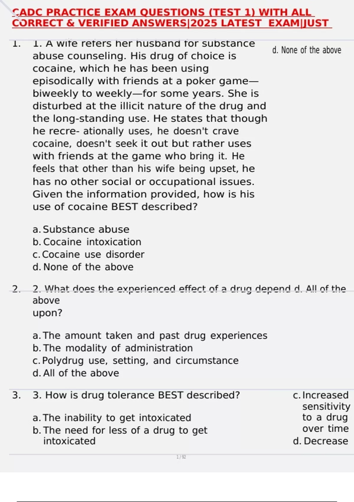 CADC PRACTICE EXAM QUESTIONS (TEST 1) WITH ALL CORRECT & VERIFIED ...