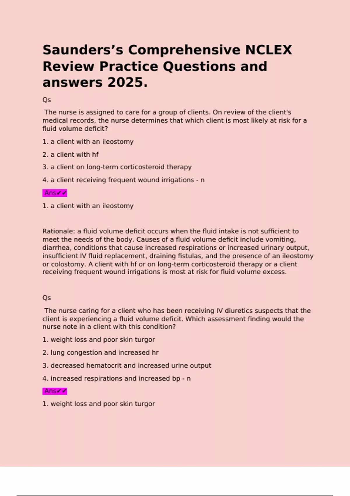 Saunders Sample Question Saunders’s Comprehensive NCLEX Review Practice Questions and answers ...