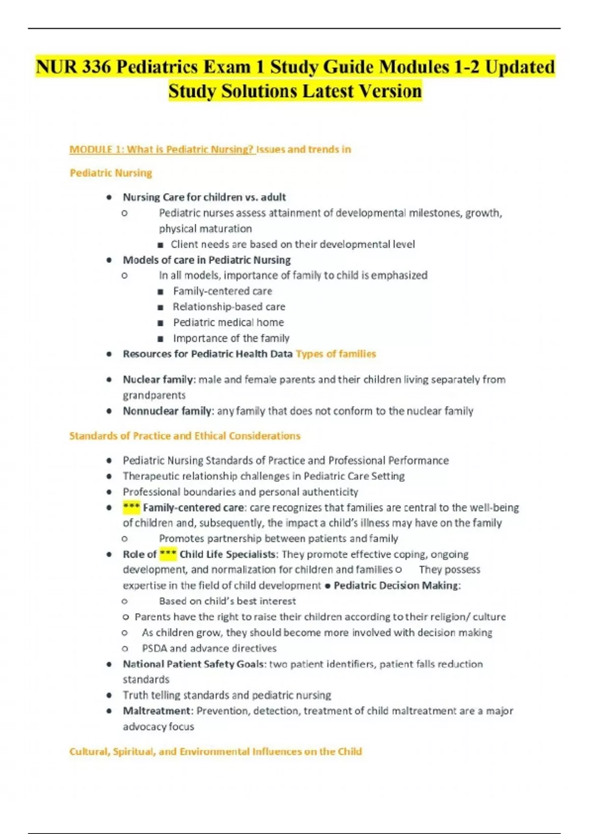 NUR 336 Pediatrics Exam 1 Study Guide Modules 1-2 Updated Study ...