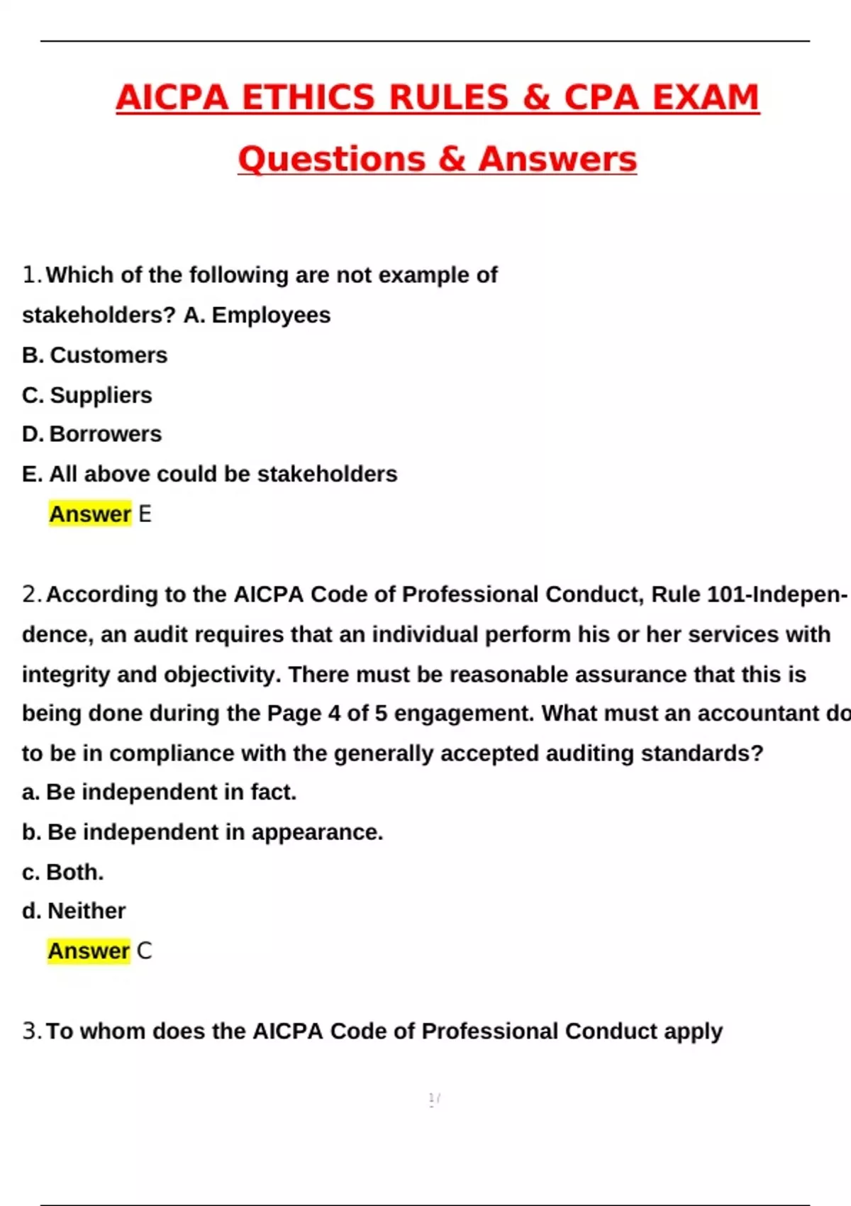 AICPA Ethics Rules &amp; CPA Exam 2025 Actual with Questions &amp; Answers (Latest 2025 / 2026 Update ...