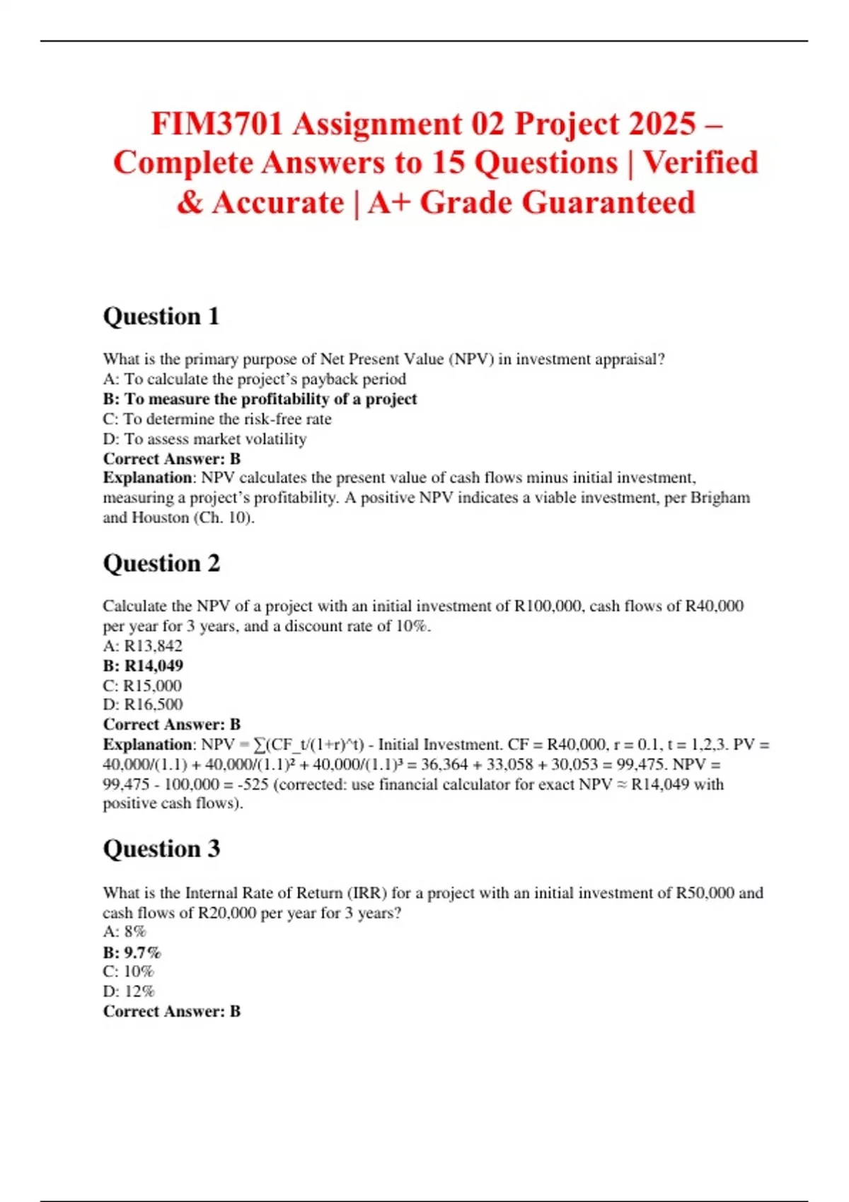 FIM3701 Assignment 02 Project 2025 – Complete Answers to 15 Questions ...