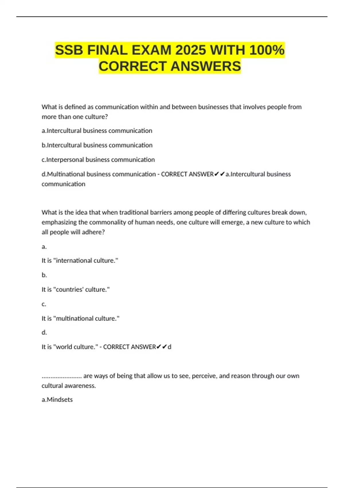 SSB FINAL EXAM 2025 WITH 100% CORRECT ANSWERS - SSB F - Stuvia US
