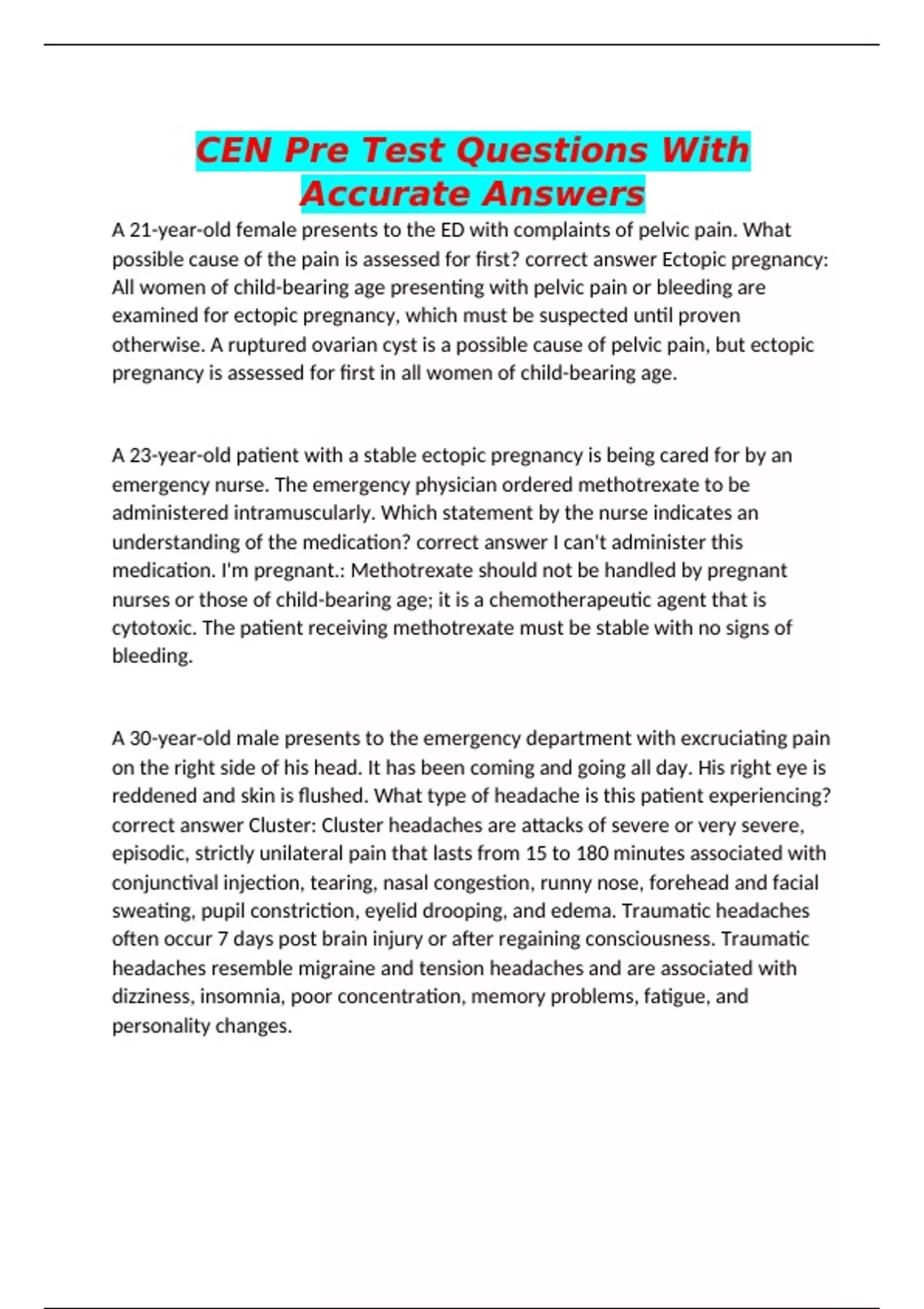 CEN Pre Test Questions With Accurate Answers - Emergency nursing ...