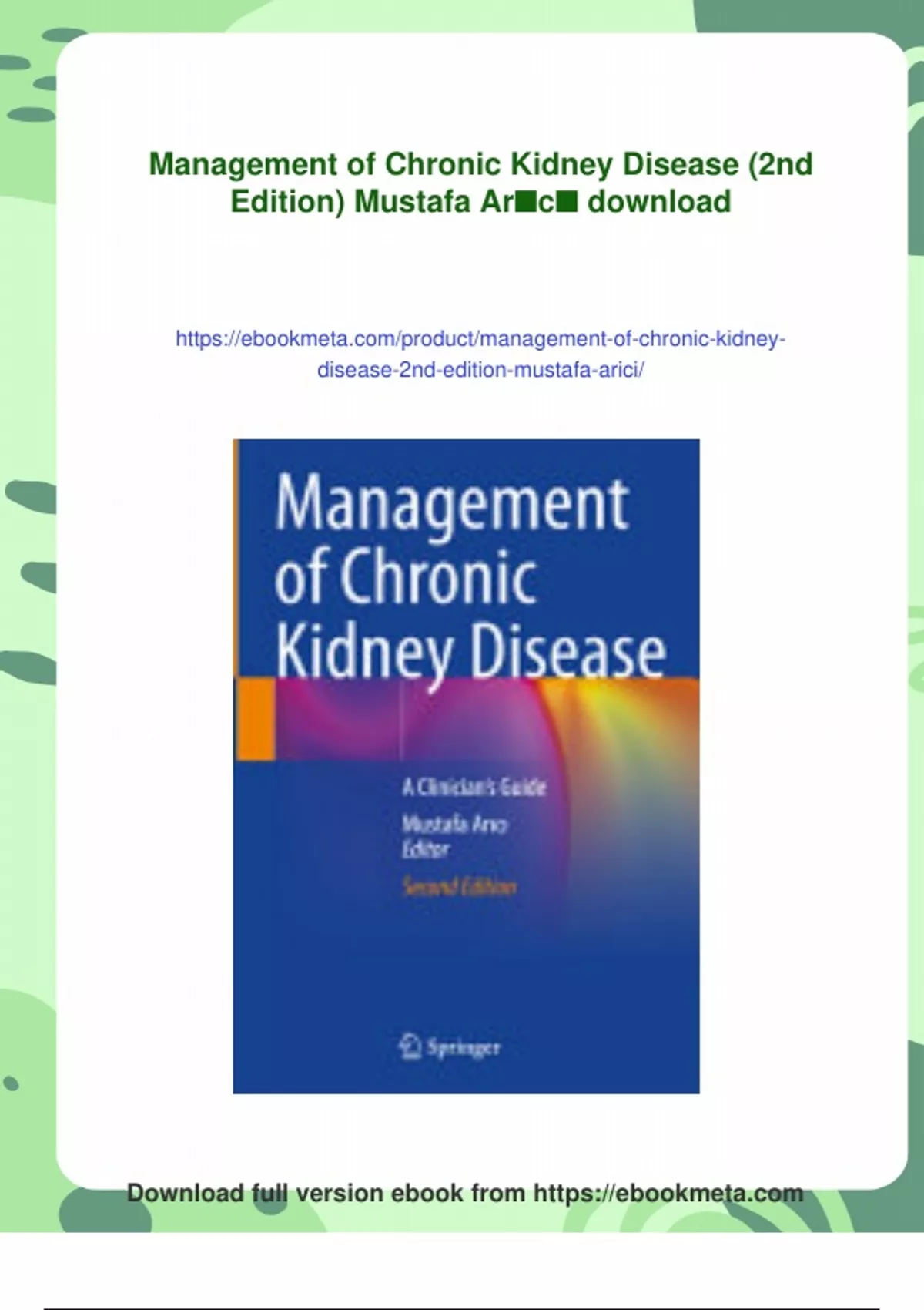 Summary Management of Chronic Kidney Disease (2nd Edition) Mustafa ...
