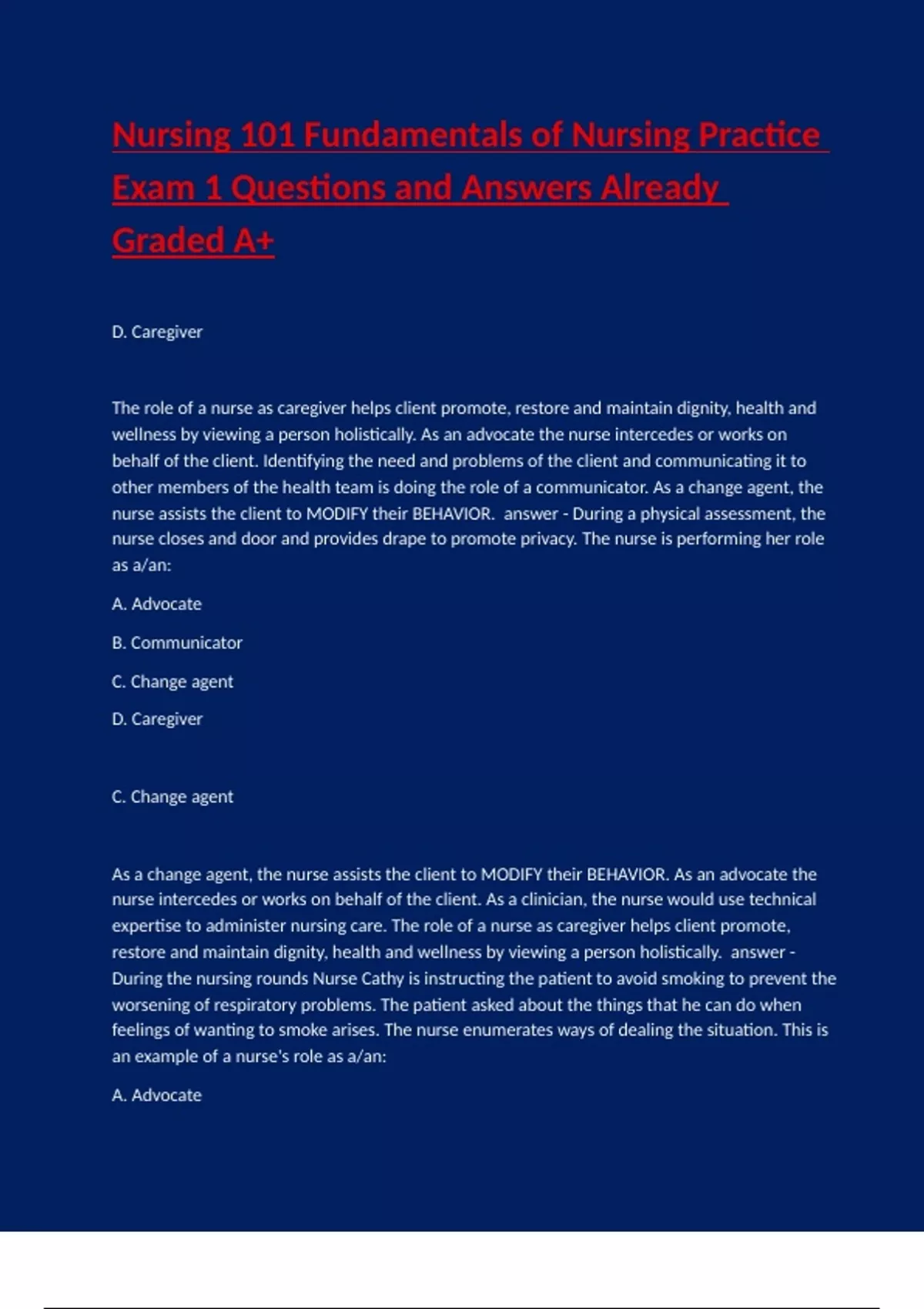 Nursing 101 Fundamentals of Nursing Practice Exam 1 Questions and ...