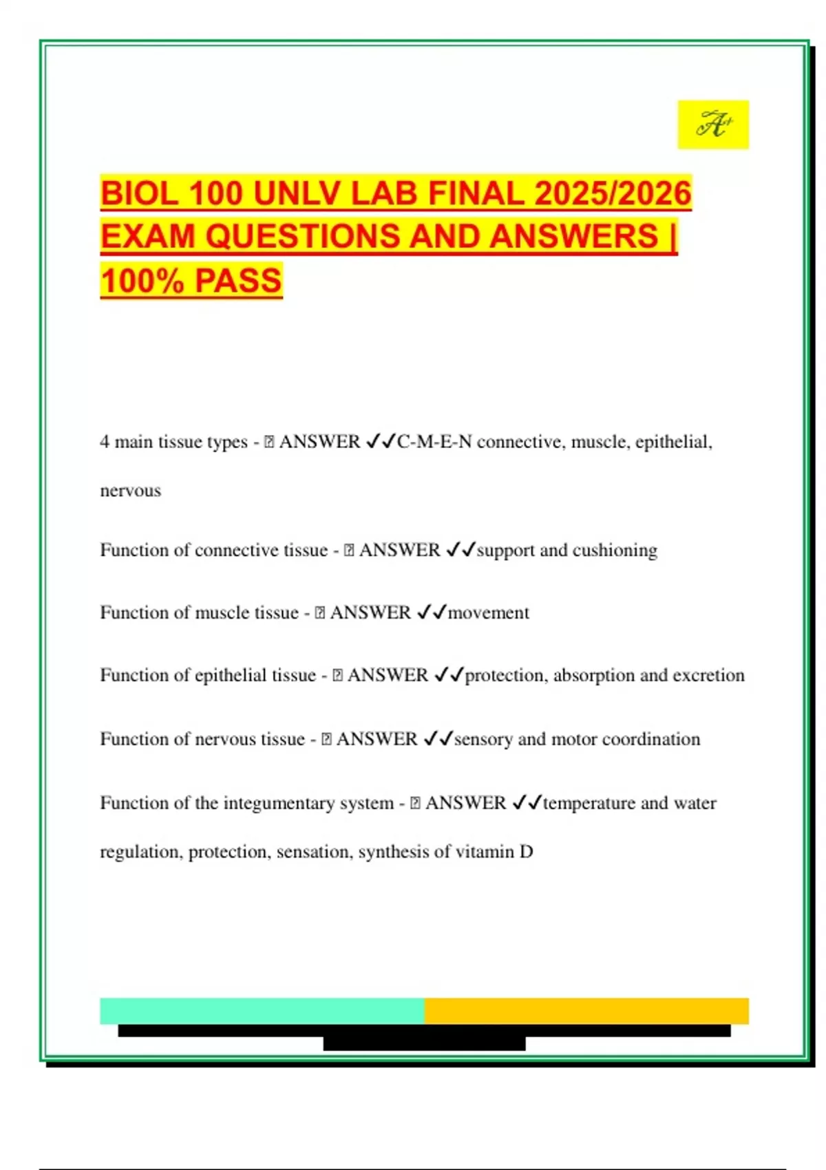 BIOL 100 UNLV LAB FINAL 2025/2026 EXAM QUESTIONS AND ANSWERS | 100% ...