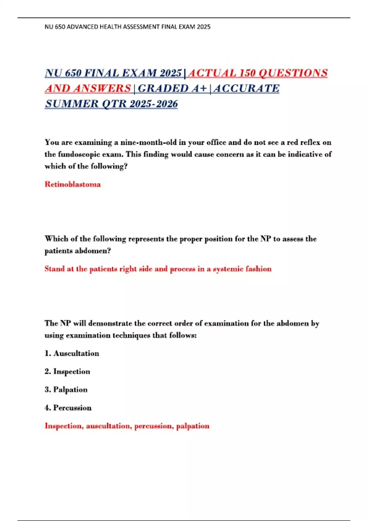 NU 650 FINAL EXAM 2025|ACTUAL 150 QUESTIONS AND ANSWERS|GRADED A+ ...
