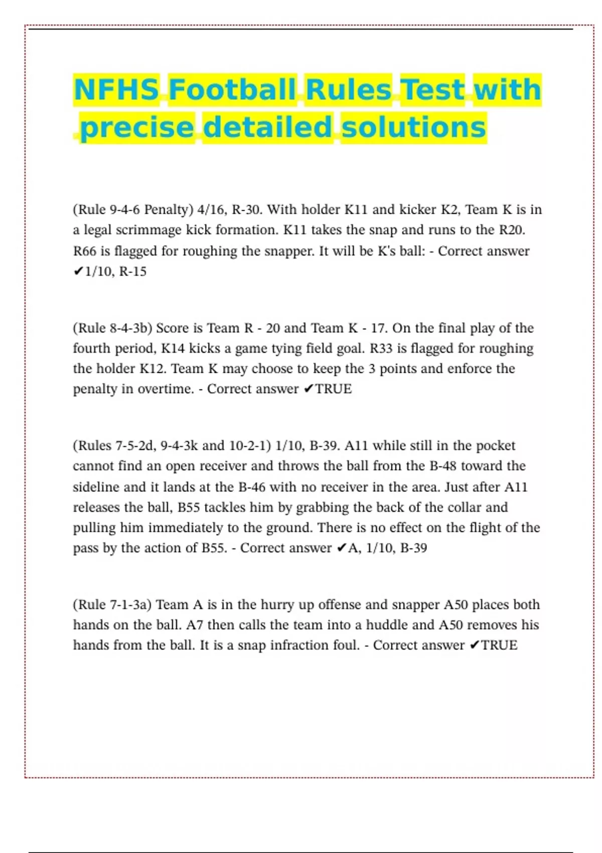 Player Rules Test NFHS Football Rules Test with precise detailed solutions - NFHS ...