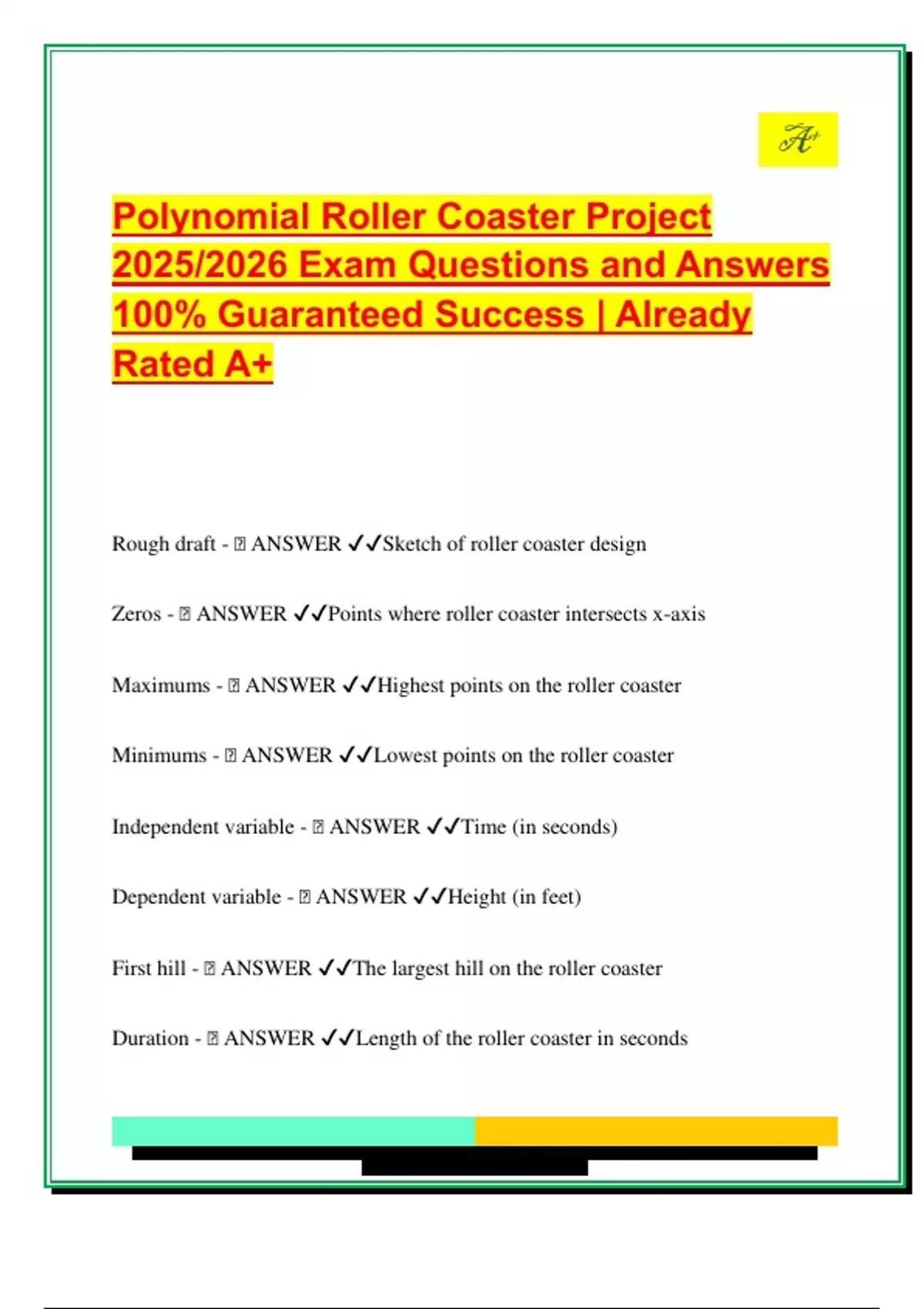 Polynomial Project Answersheet Polynomial Roller Coaster Project 2025/2026 Exam Questions and Answers ...