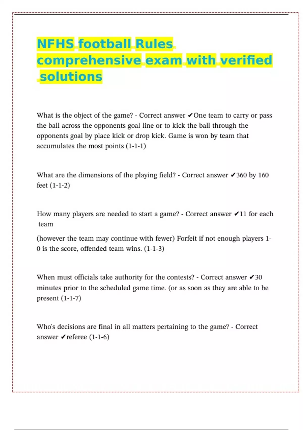 Football Tester 2025 NFHS FOOTBALL TEST WITH VERIFIED SOLUTIONS - NFHS Football - Stuvia US