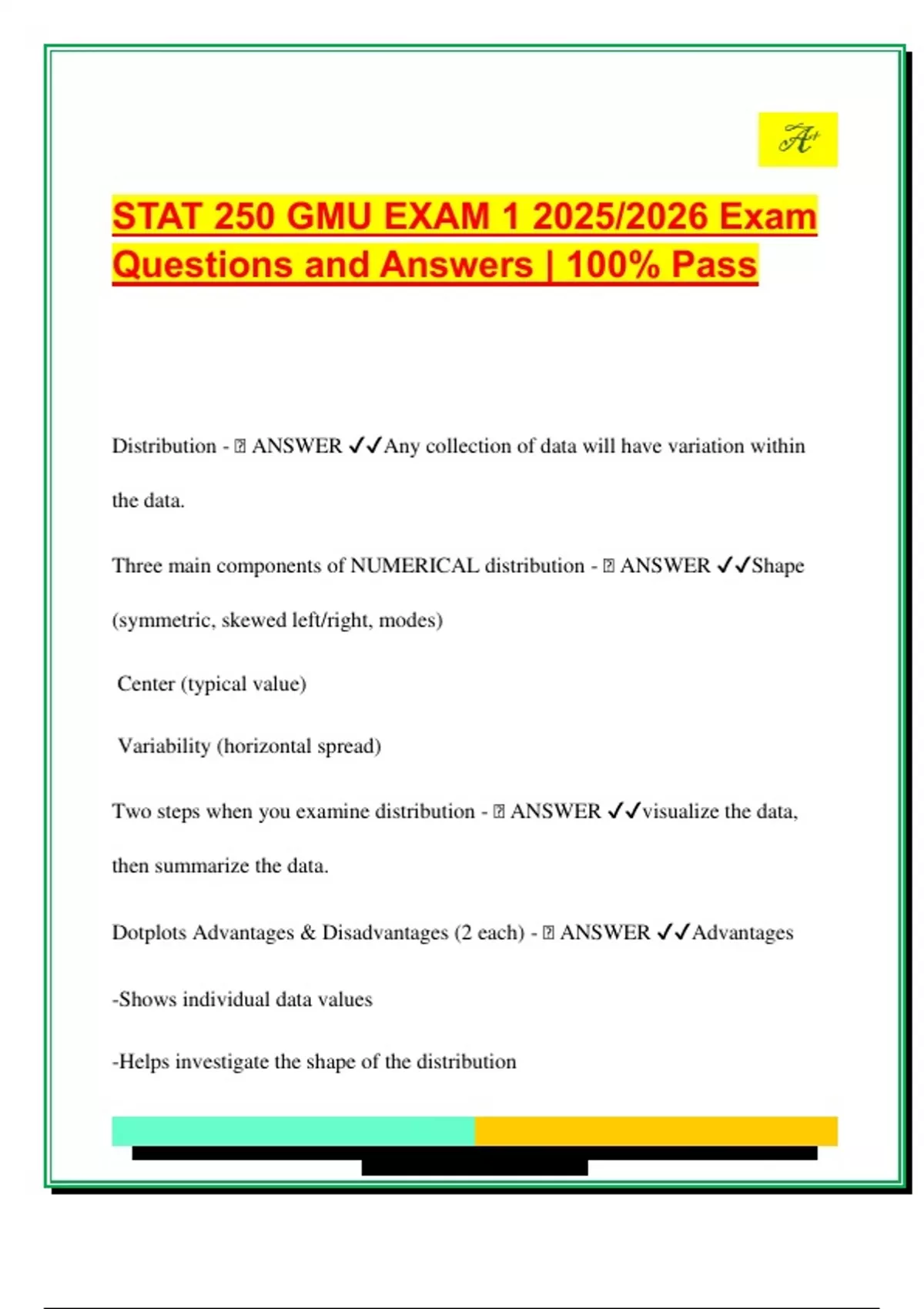 Stat Exman STAT 250 GMU EXAM 1 2025/2026 Exam Questions and Answers | 100% Pass ...