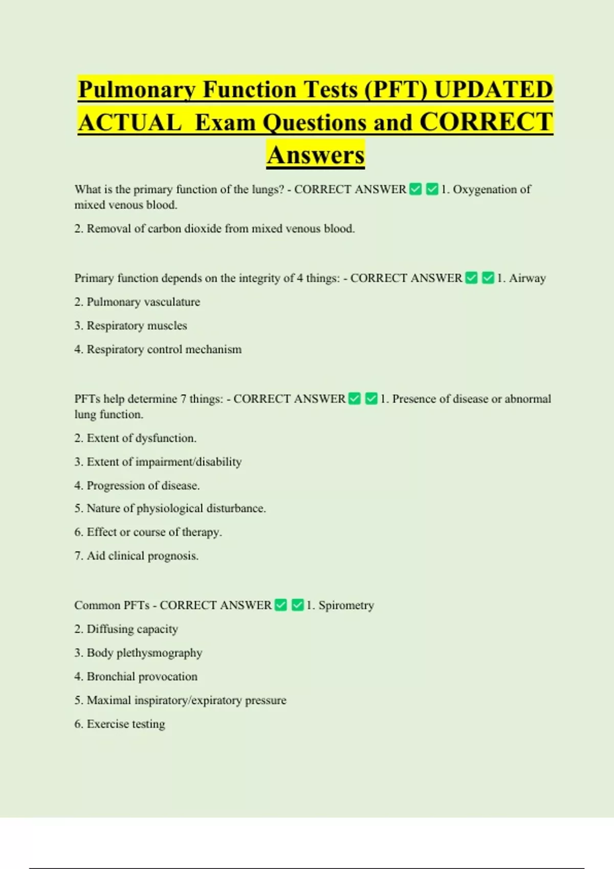 Pulmonary Function Tests (PFT) UPDATED ACTUAL Exam Questions and ...