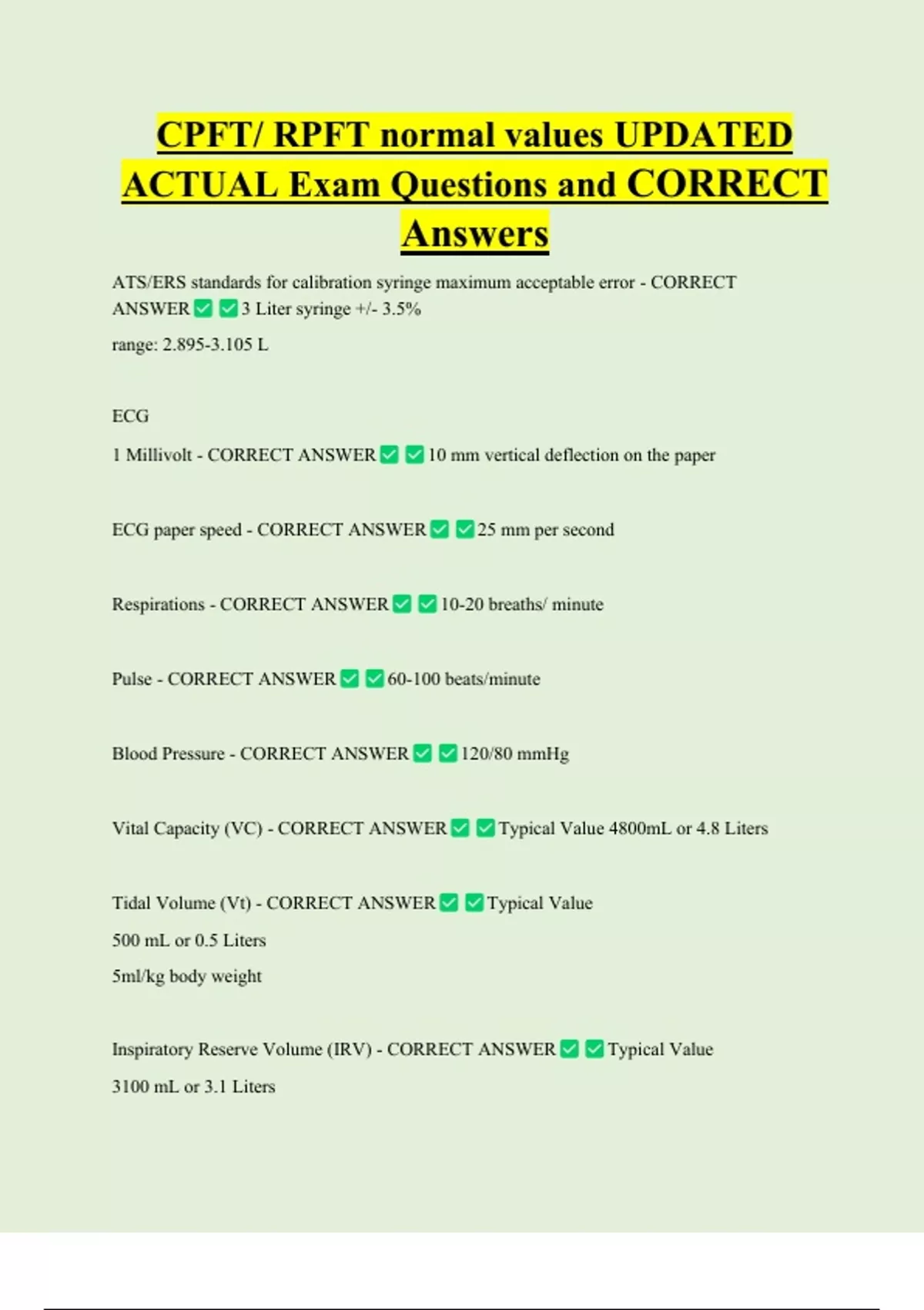 Rpft CPFT/ RPFT normal values UPDATED ACTUAL Exam Questions and CORRECT ...