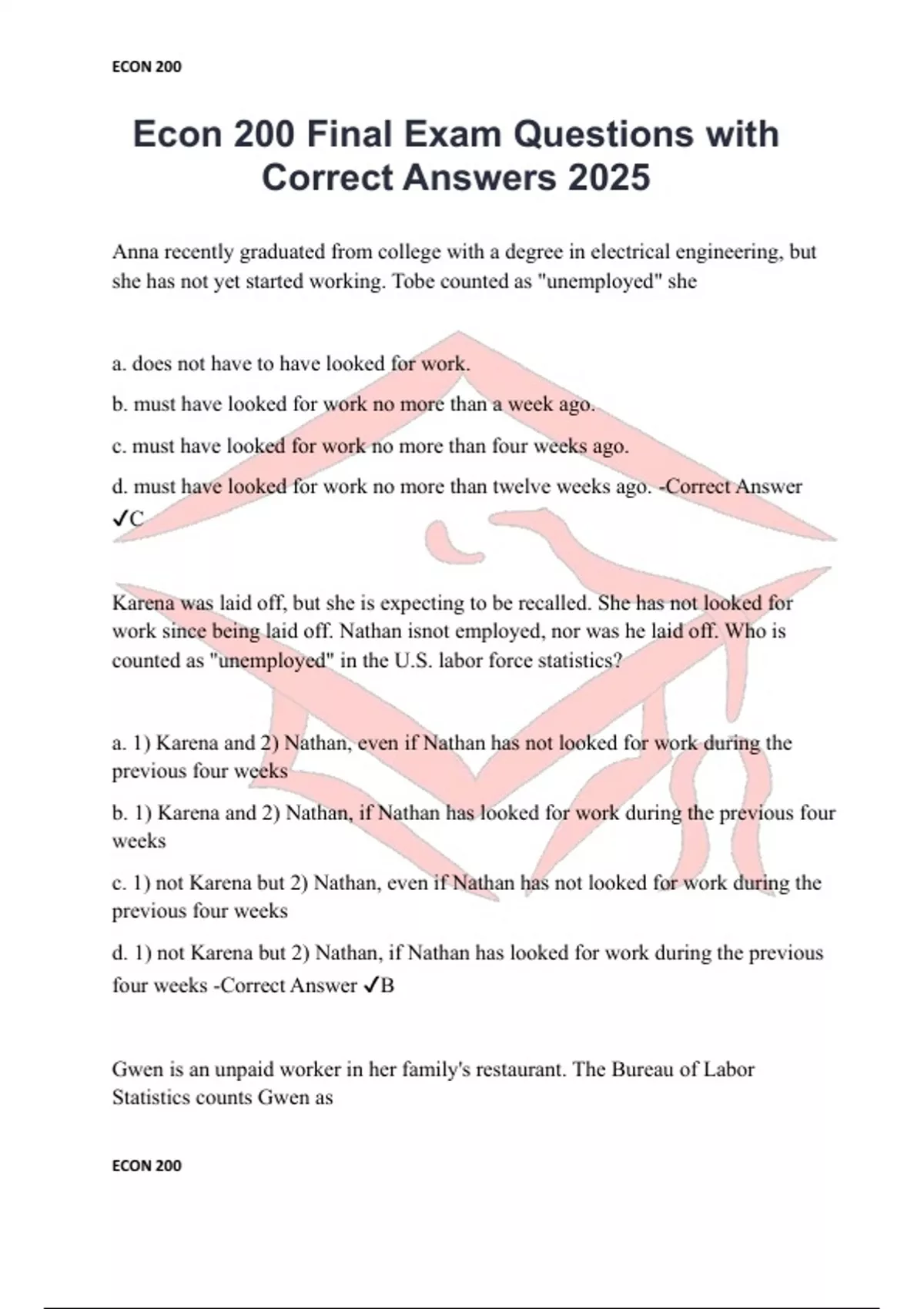 Econ 200 Final Exam Questions with Correct Answers 2025 - Econ 200 ...