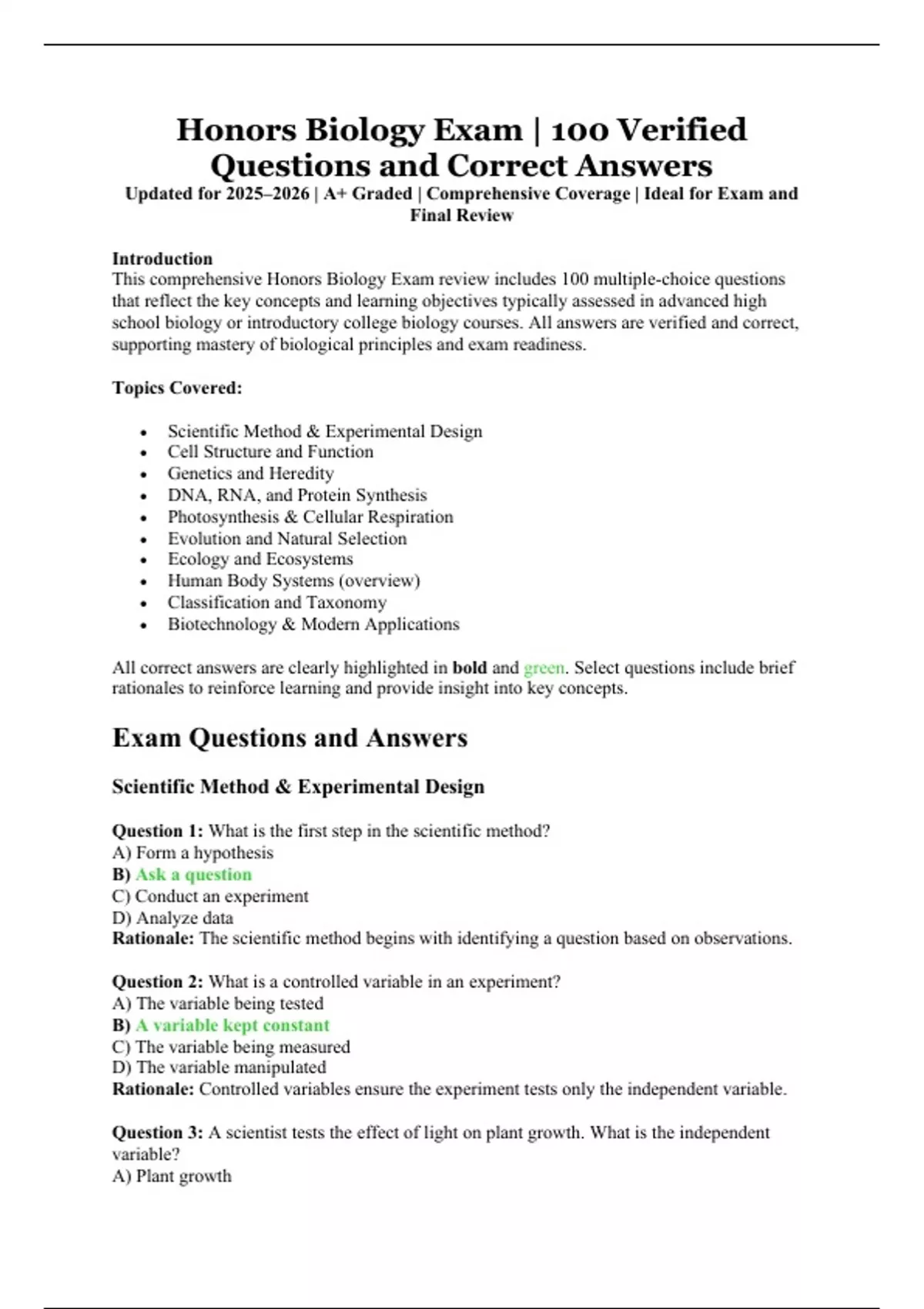 Honors Biology Exam | 100 Verified Questions and Correct Answers ...