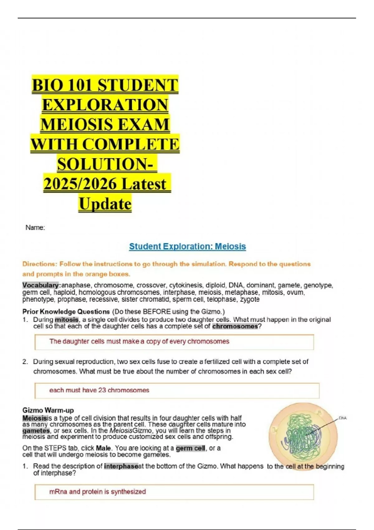 BIO 101 STUDENT EXPLORATION MEIOSIS EXAM WITH COMPLETE SOLUTION 2025/