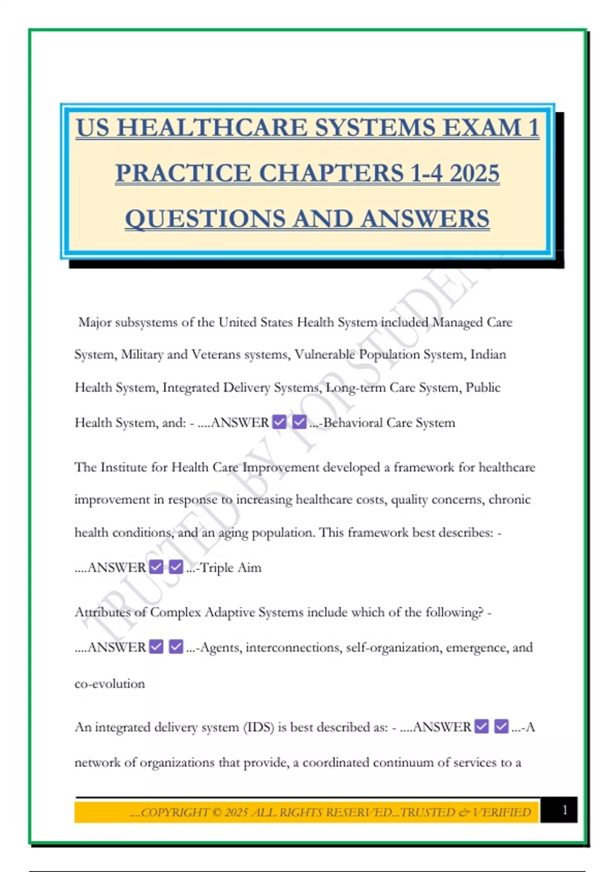 US HEALTHCARE SYSTEMS EXAM 1 PRACTICE CHAPTERS 1-4 2025 QUESTIONS AND ...