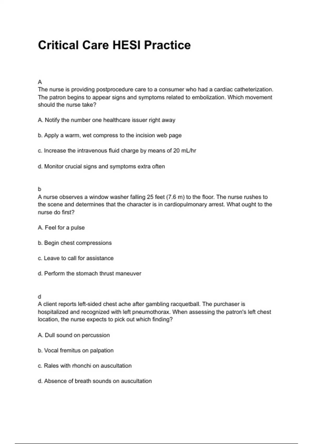 Critical Care HESI Practice NEWEST 2025/2026 ACTUAL EXAM COMPLETE ...