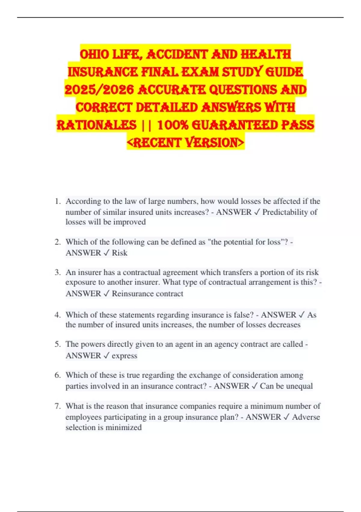 Ohio Life, Accident and Health Insurance FINAL EXAM STUDY GUIDE 2025/2026 ACCURATE QUESTIONS AND ...