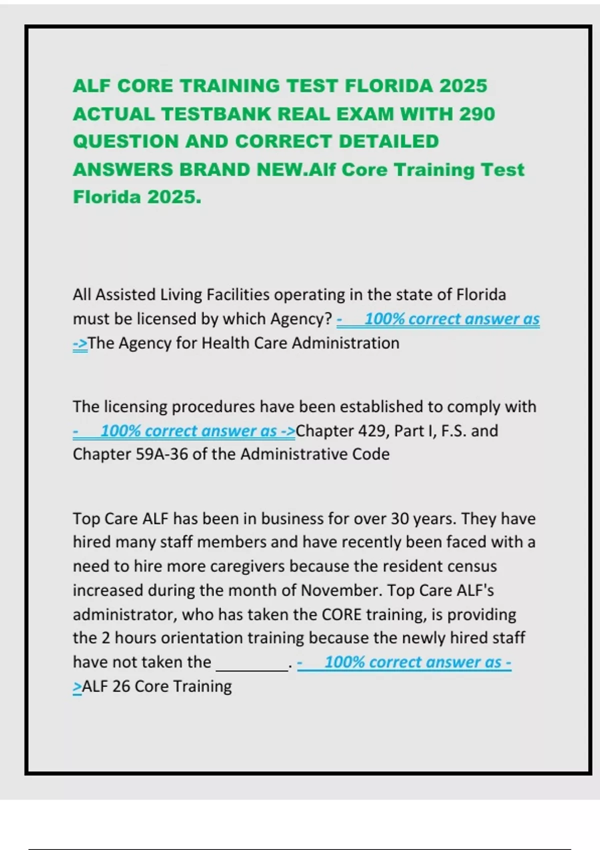 ALF CORE TRAINING TEST FLORIDA 2025 ACTUAL TESTBANK REAL EXAM WITH 290 ...