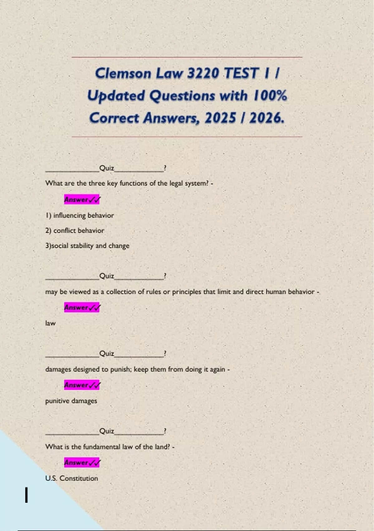 Clemson Law 3220 TEST 1 / Updated Questions with 100% Correct Answers ...