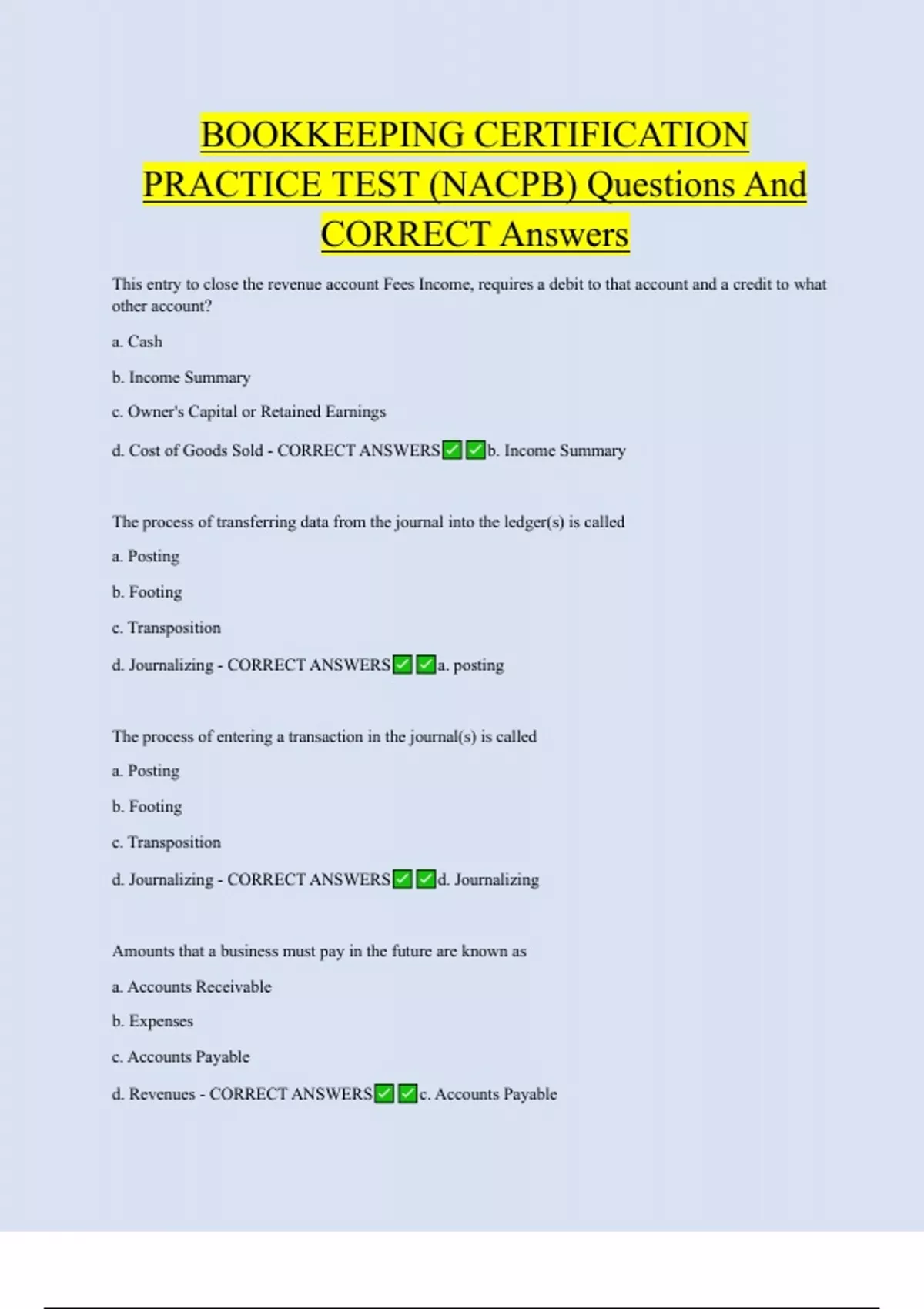 BOOKKEEPING CERTIFICATION PRACTICE TEST (NACPB) UPDATED ACTUAL ...