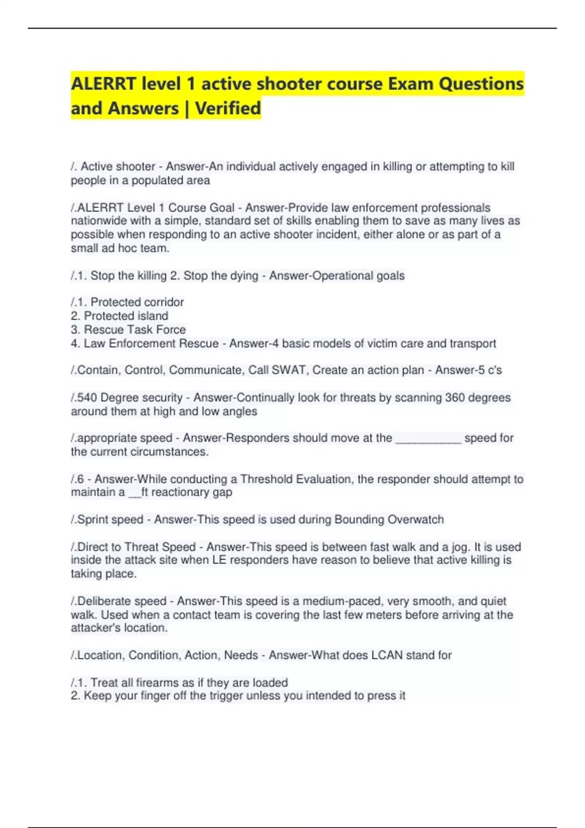 ALERRT level 1 active shooter course Exam Questions and Answers ...