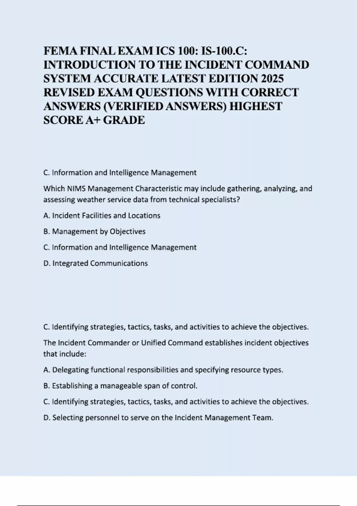 FEMA FINAL EXAM ICS 100 IS-100.C; INTRODUCTION TO THE INCIDENT COMMAND ...