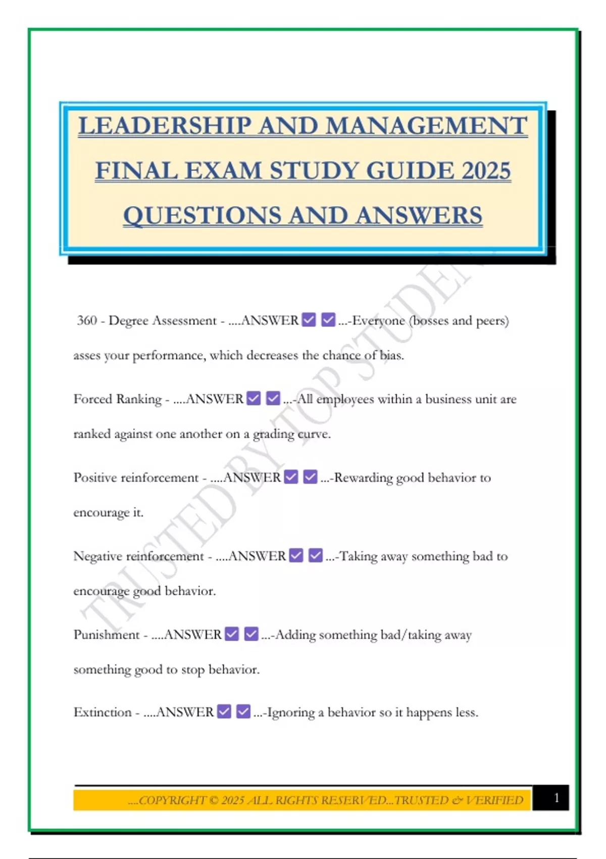 LEADERSHIP AND MANAGEMENT FINAL EXAM STUDY GUIDE 2025 QUESTIONS AND ...