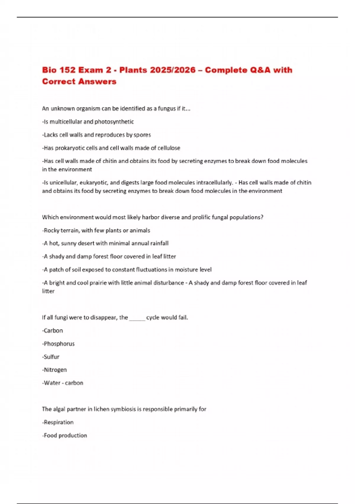 Bio 152 Exam 2 - Plants 2025/2026 – Complete Q&A with Correct Answers ...