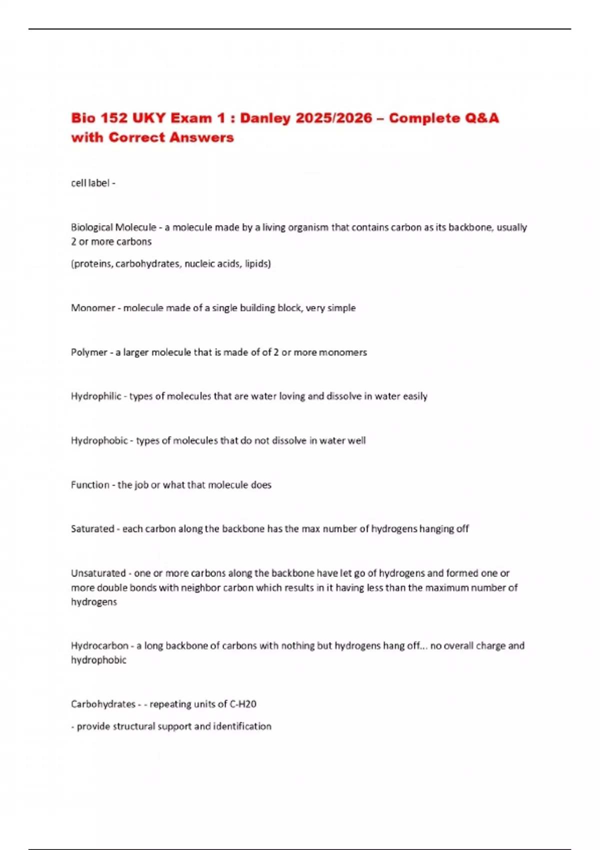 Bio 152 UKY Exam 1 : Danley 2025/2026 – Complete Q&A with Correct ...