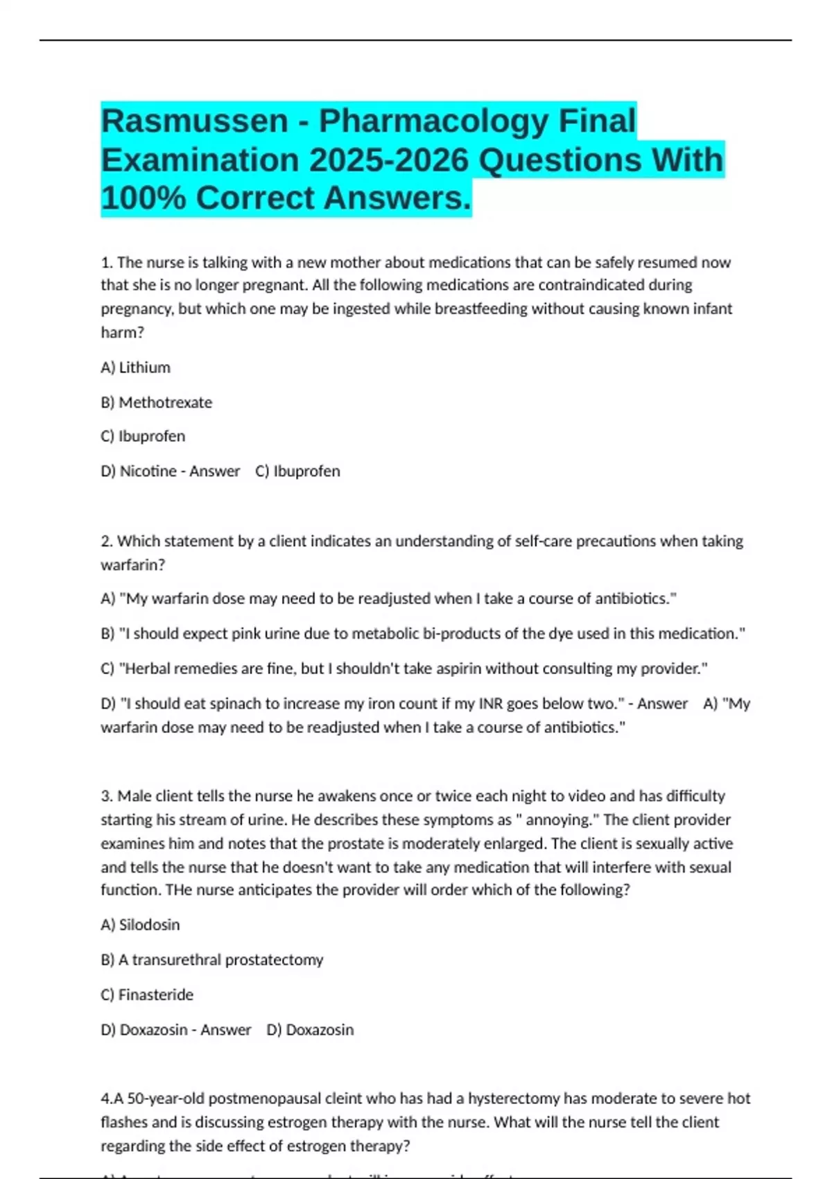 Rasmussen - Pharmacology Final Examination Questions With 100% Correct ...