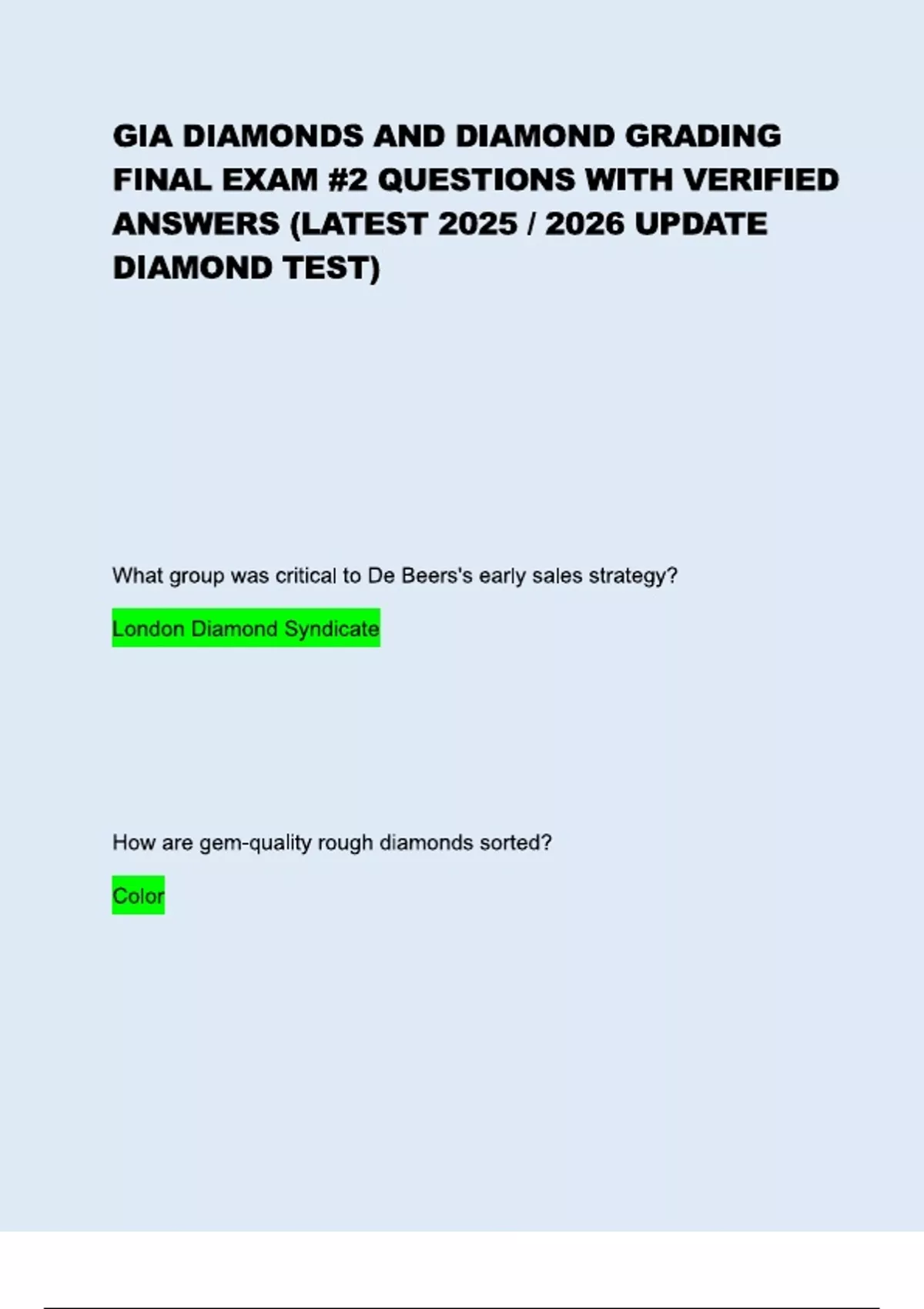 Gia Diamonds And Diamond Grading Final Exam 2 New Revised 2025 2026