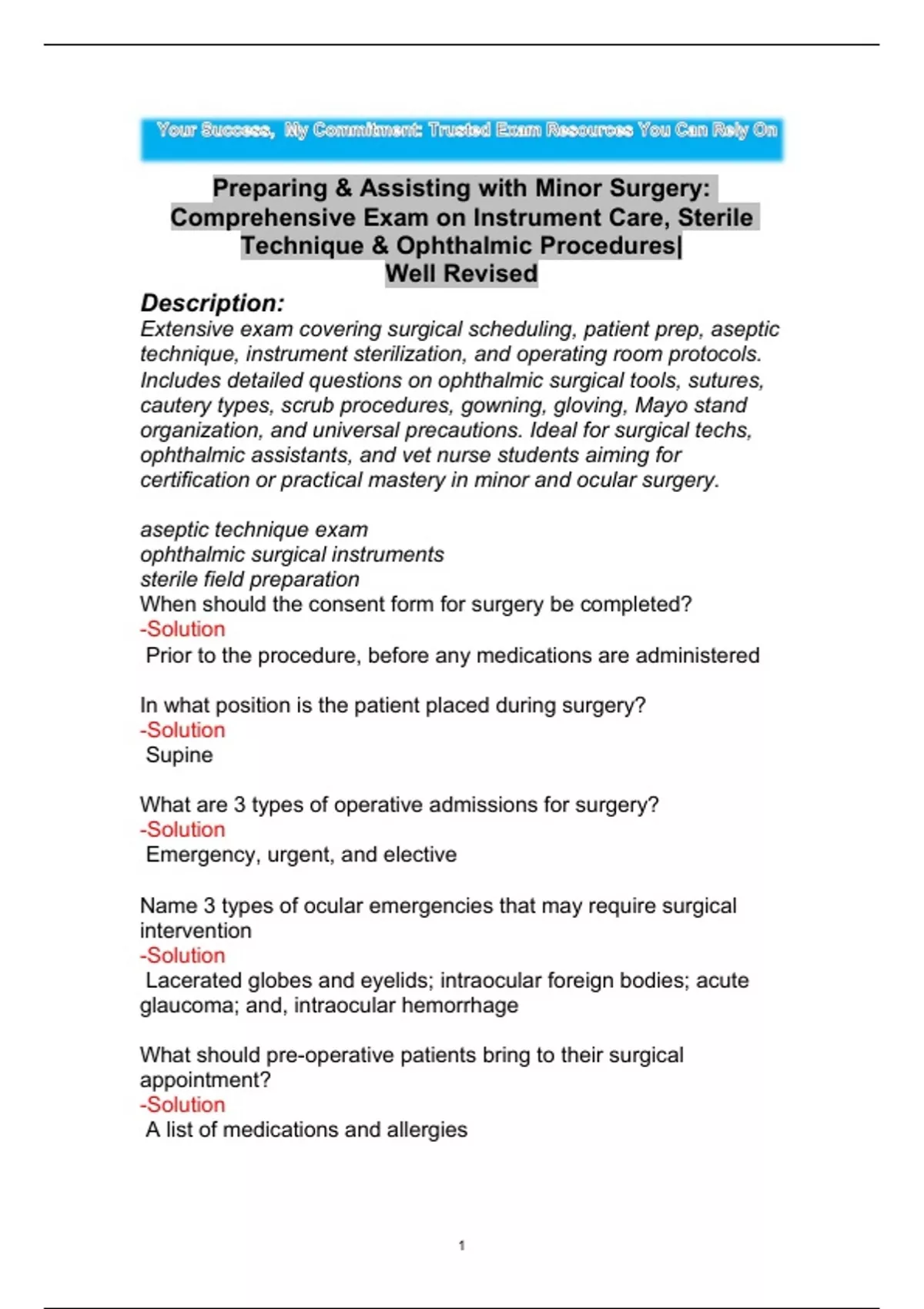 Preparing & Assisting with Minor Surgery: Comprehensive Exam on ...