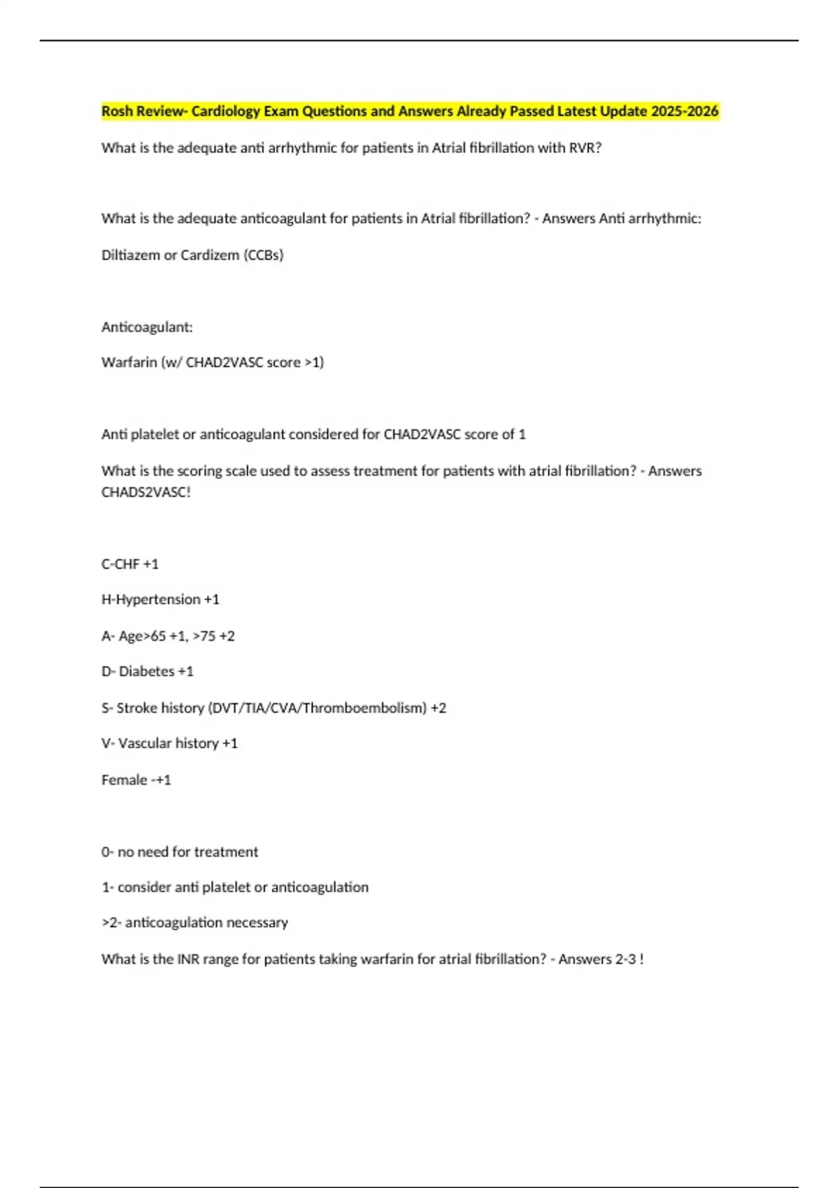 Rosh Review- Cardiology Exam Questions and Answers Already Passed ...