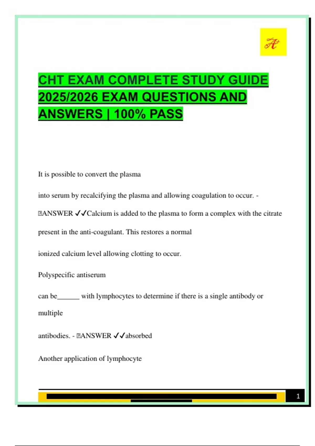 Study Guide Cht CHT EXAM COMPLETE STUDY GUIDE 2025/2026 EXAM QUESTIONS AND ANSWERS ...