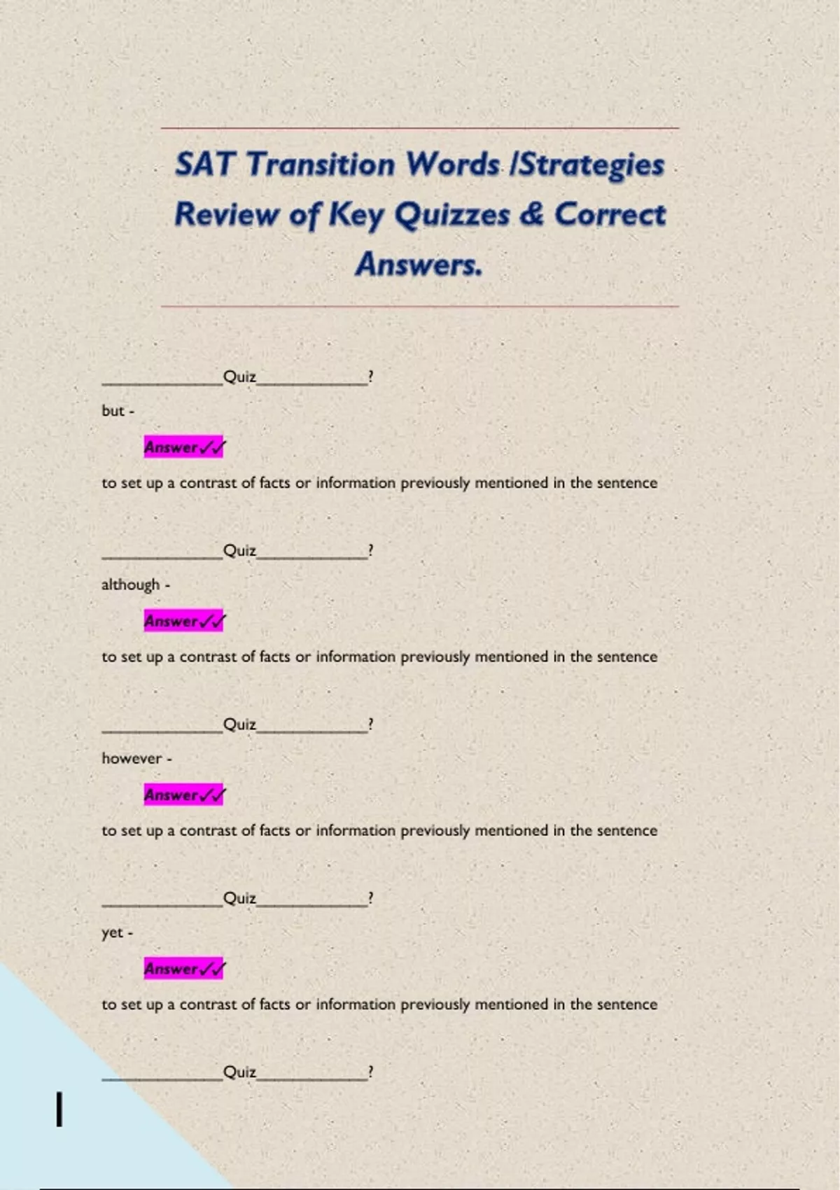 Sat Transitions Note SAT Transition Words /Strategies Review of Key Quizzes & Correct ...