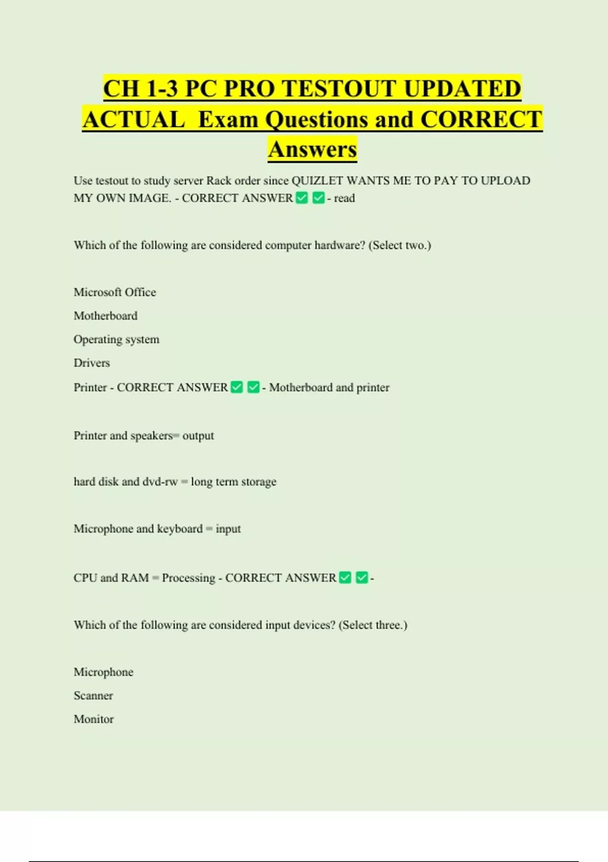 Test Out Computer Course CH 1-3 PC PRO TESTOUT UPDATED ACTUAL Exam Questions and CORRECT Answers ...