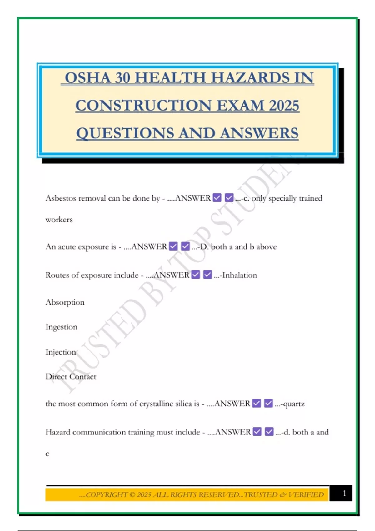 OSHA 30 HEALTH HAZARDS IN CONSTRUCTION EXAM 2025 QUESTIONS AND ANSWERS ...