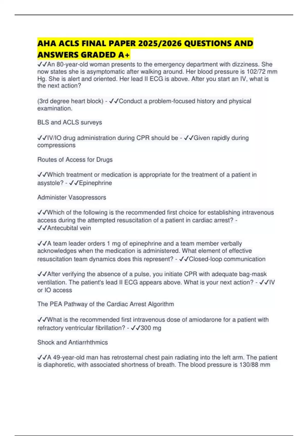 AHA ACLS FINAL PAPER 2025/2026 QUESTIONS AND ANSWERS GRADED A+ - AHA ...