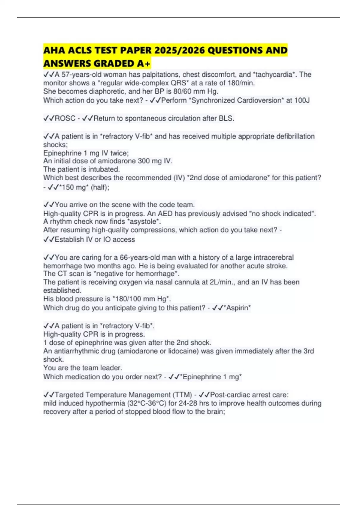 AHA ACLS TEST PAPER 2025/2026 QUESTIONS AND ANSWERS GRADED A+ - AHA ...