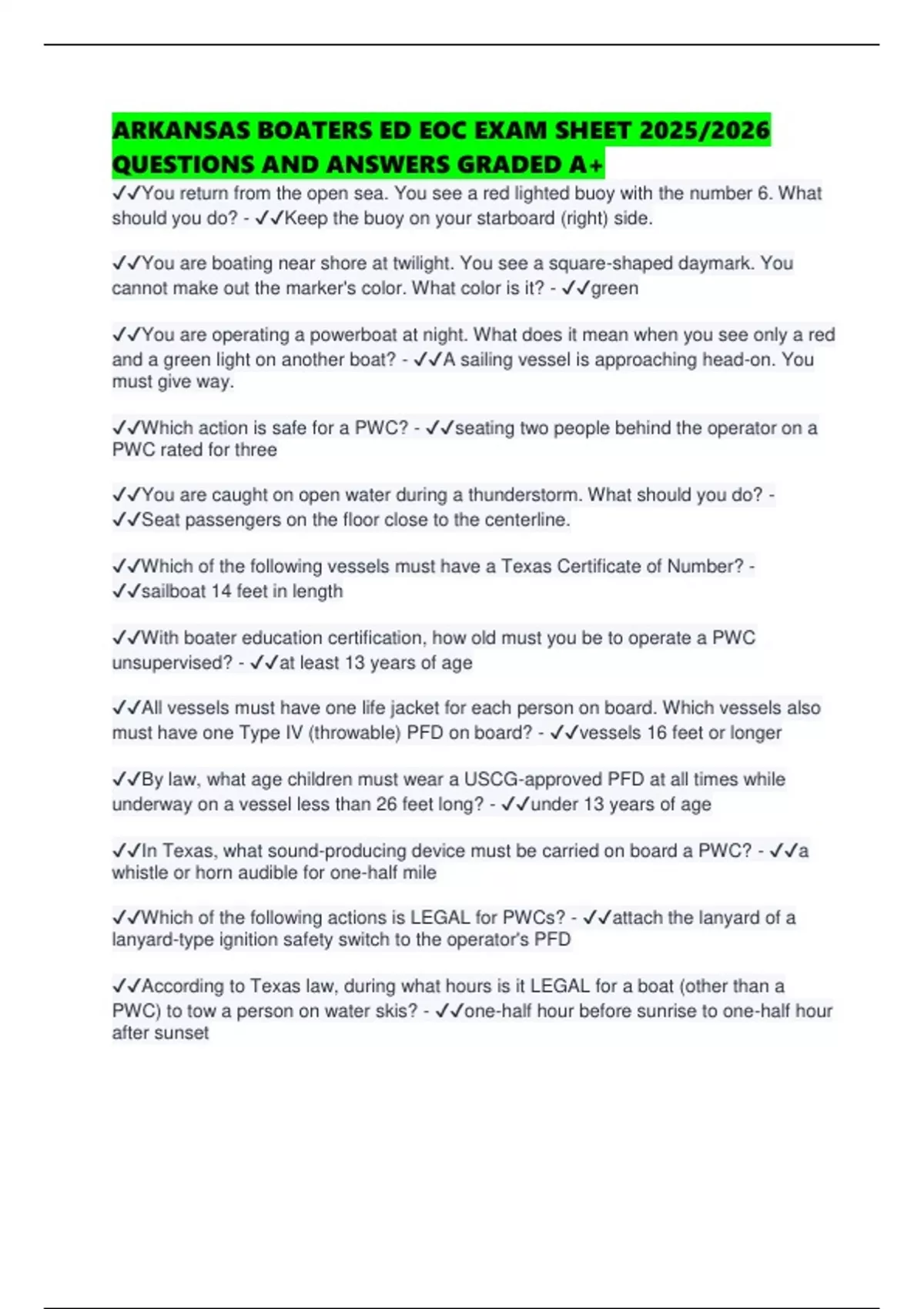 ARKANSAS BOATERS ED EOC EXAM SHEET 2025/2026 QUESTIONS AND ANSWERS GRADED A+ - ARKANSAS BOATERS ...