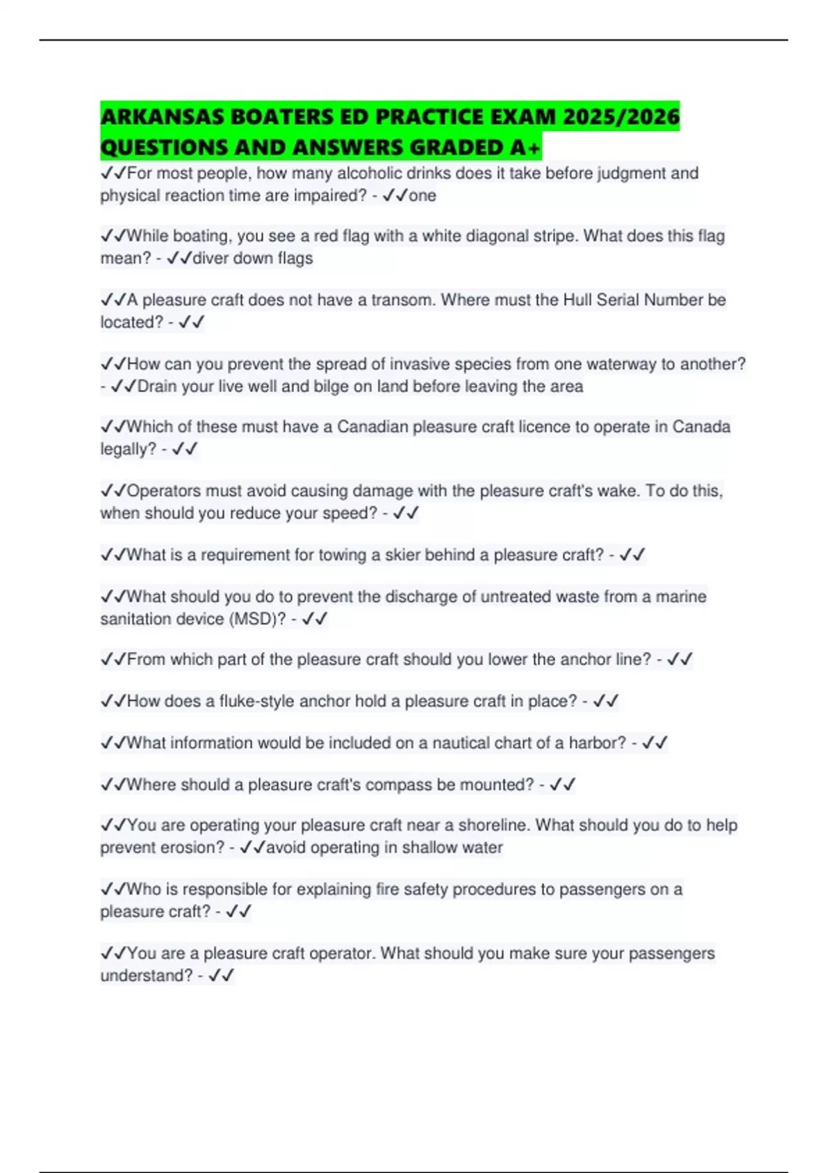 ARKANSAS BOATERS ED PRACTICE EXAM 2025/2026 QUESTIONS AND ANSWERS GRADED A+ - ARKANSAS BOATERS ...